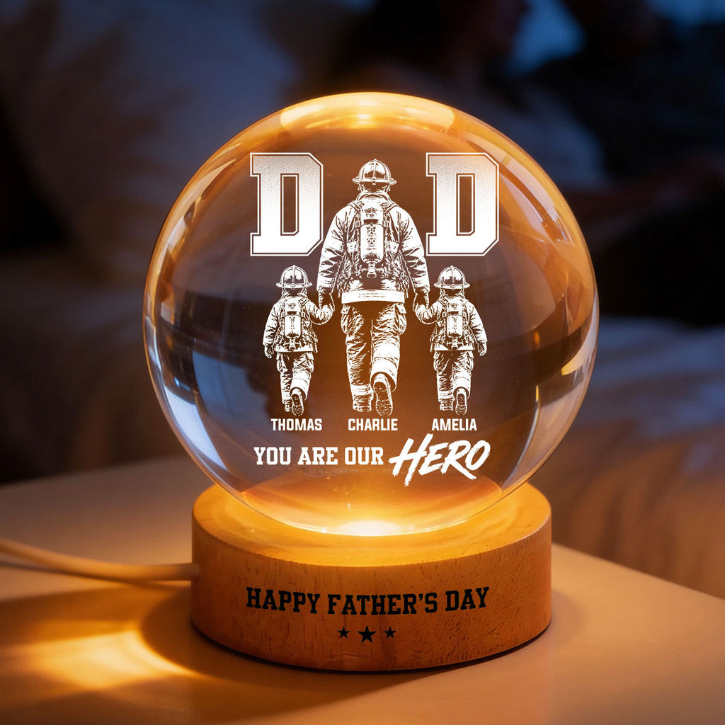 Personalized Firefighter Dad Crystal Globe Lamp Gift for Dad