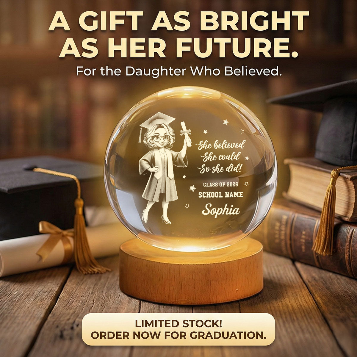 Personalized Crystal Globe Lamp for Graduates Class of 2026 Gift